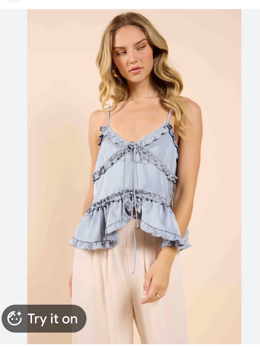 Sadie & Sage Dusty Blue Ruffle Tie-Front Satin Cami